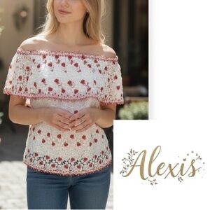 Alexis red and white floral lace off the shoulder Clive top Size Medium